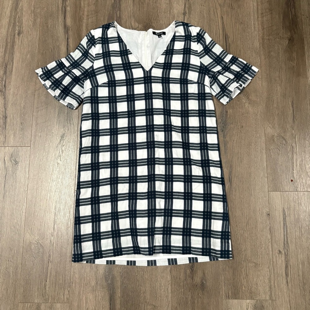 Madewell Black White Plaid Shift Dress Flutter Sleeve Size 2 Lined Cotton Navy